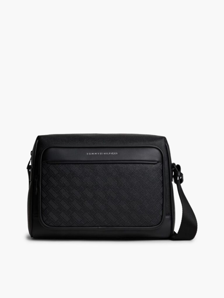 Black Modern Textured Flag Crossbody Messenger Bag  Men