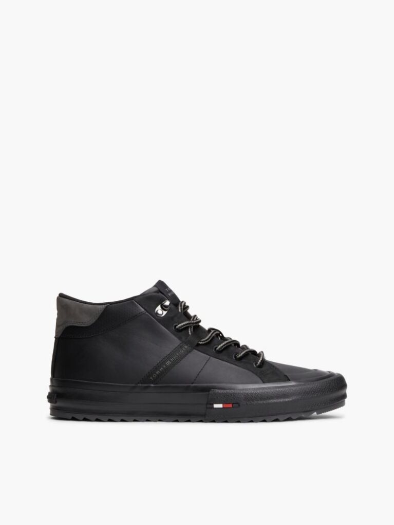 Black Leather Serrated Mid-Top Trainers  Men