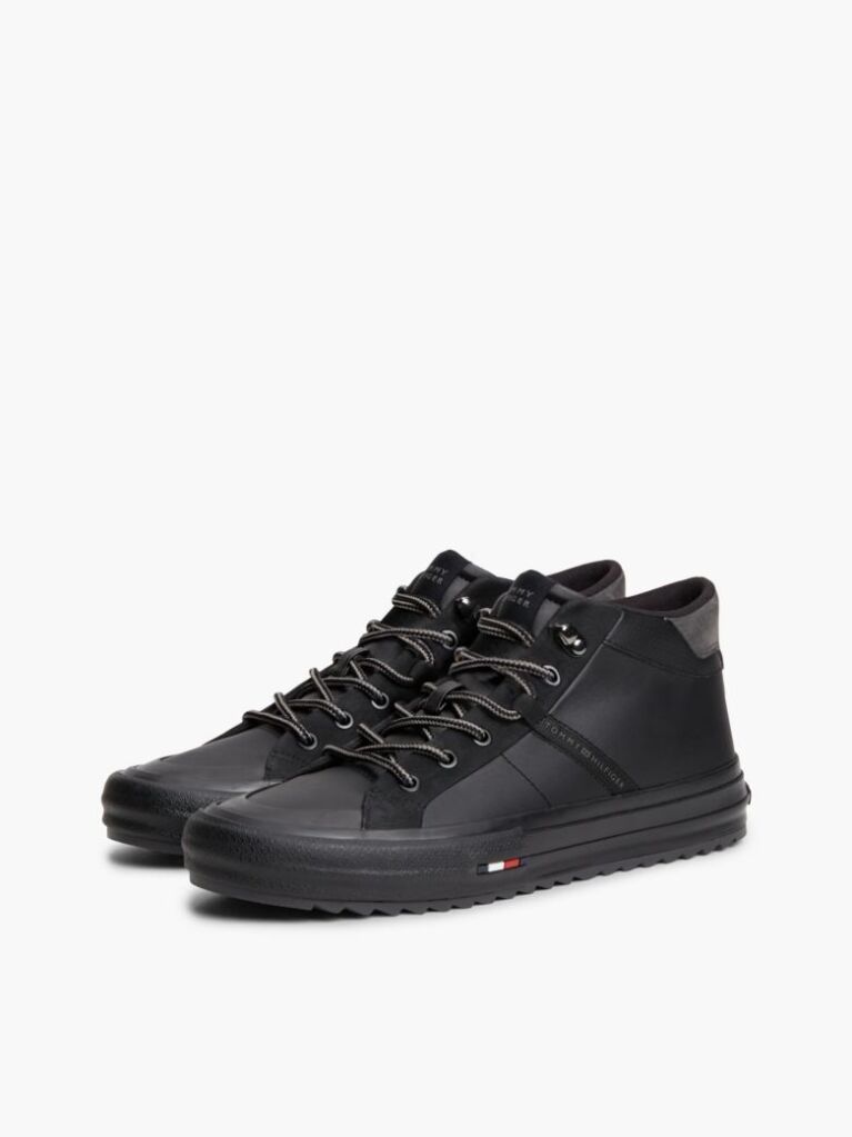 Black Leather Serrated Mid-Top Trainers  Men