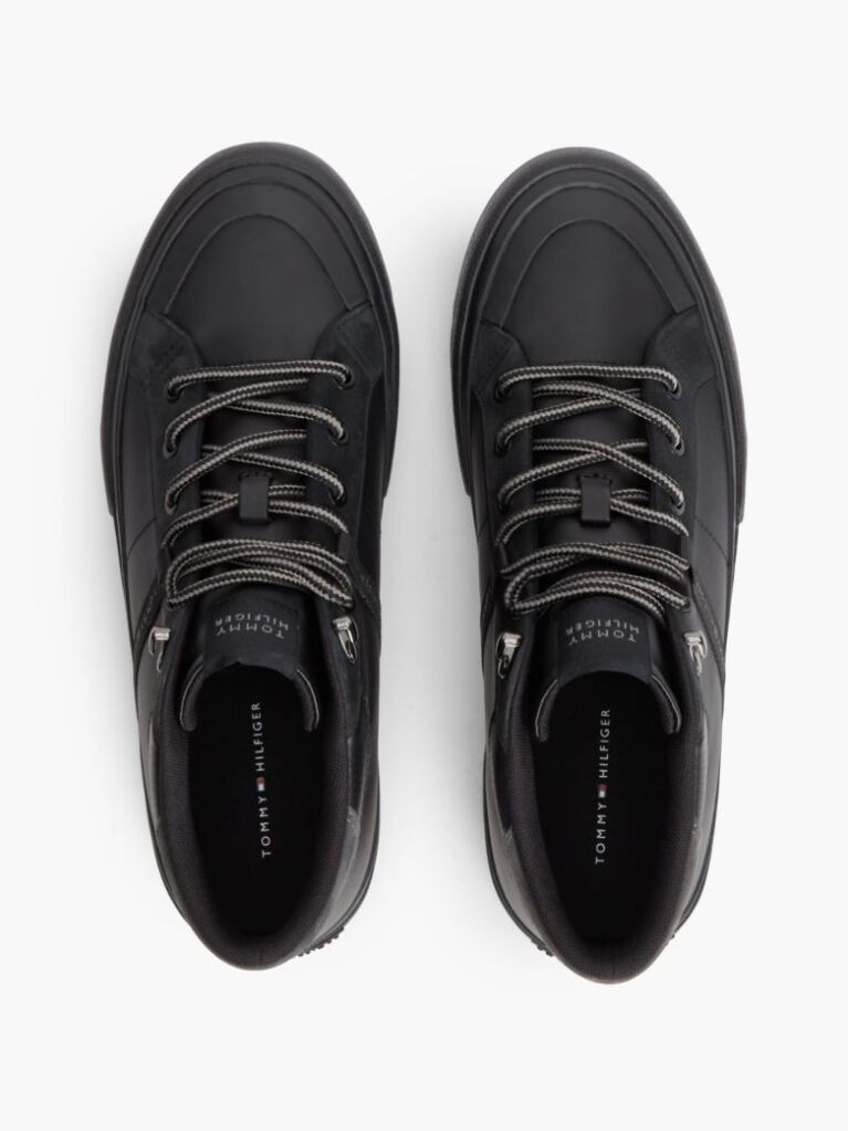 Black Leather Serrated Mid-Top Trainers  Men