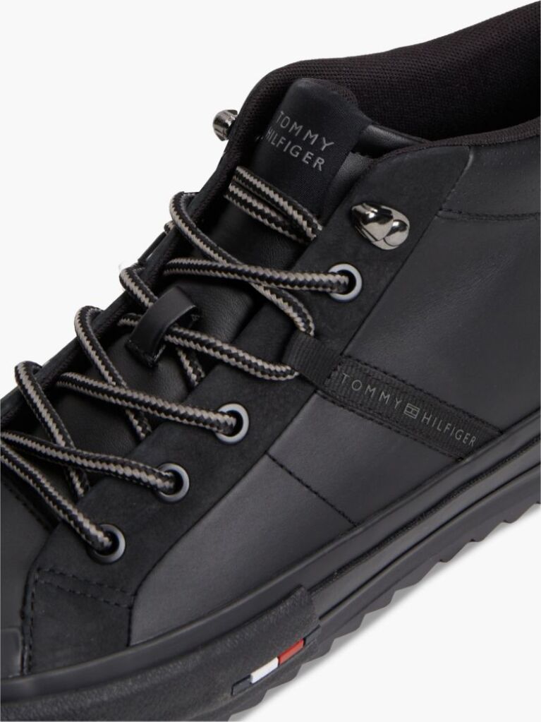 Black Leather Serrated Mid-Top Trainers  Men