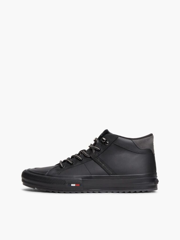 Black Leather Serrated Mid-Top Trainers  Men