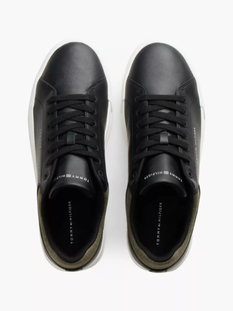 Black Mixed Texture Court Trainers With Leather  Men