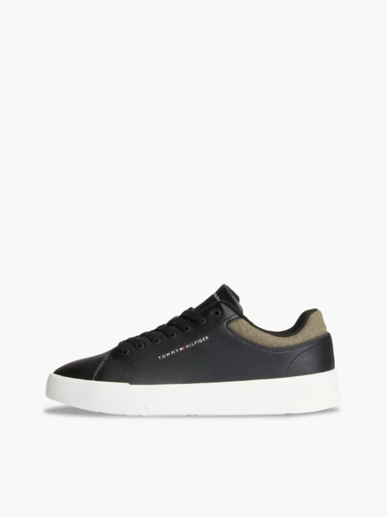 Black Mixed Texture Court Trainers With Leather  Men
