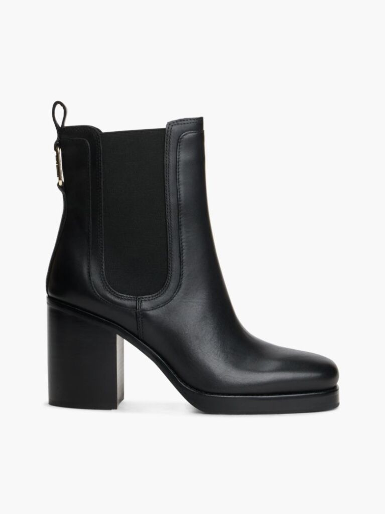 Black Leather Square Toe Block Heel Chelsea Boots  Women