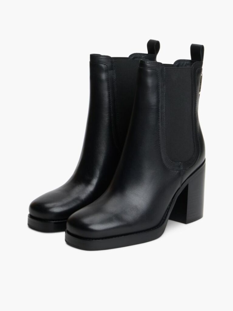 Black Leather Square Toe Block Heel Chelsea Boots  Women