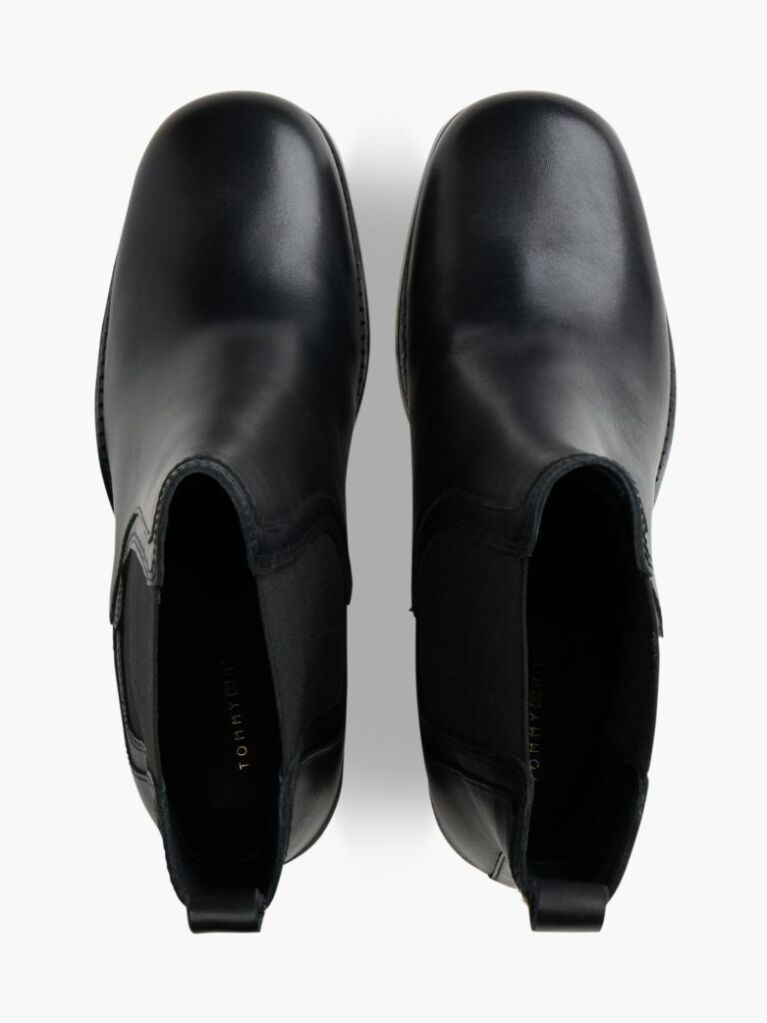 Black Leather Square Toe Block Heel Chelsea Boots  Women