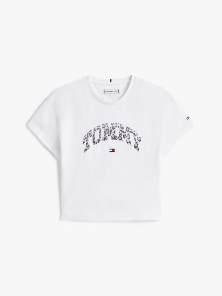 White Varsity Leopard Print Sateen Logo T-Shirt  Girls