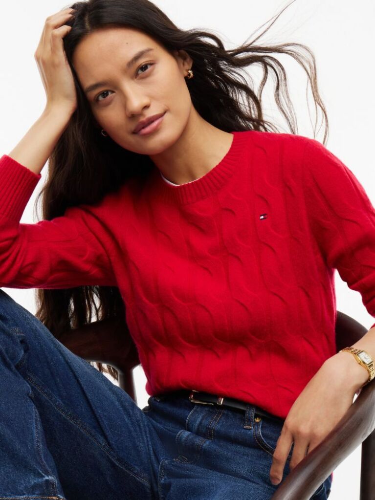 Red Pure Wool Cable Knit Jumper  Women