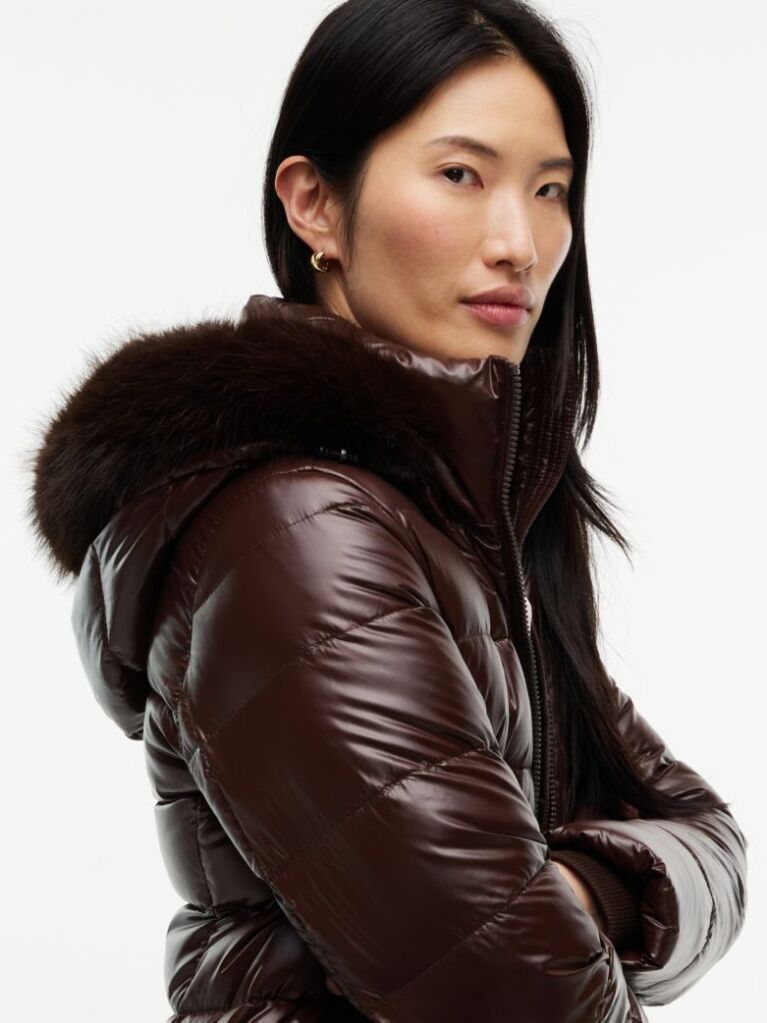 Brown Shiny Down Faux Fur Hooded Fitted Jacket  Women