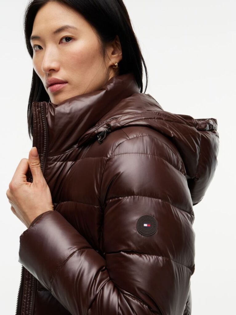 Brown Shiny Down Faux Fur Hooded Fitted Jacket  Women
