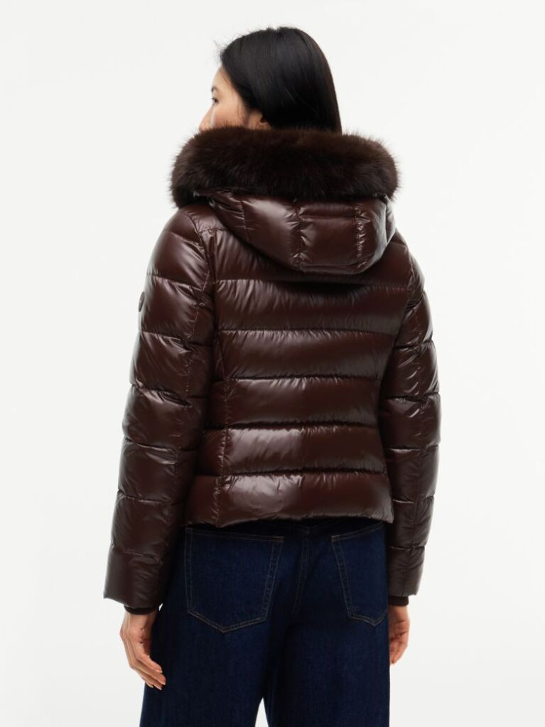Brown Shiny Down Faux Fur Hooded Fitted Jacket  Women