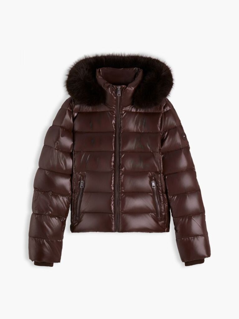 Brown Shiny Down Faux Fur Hooded Fitted Jacket  Women