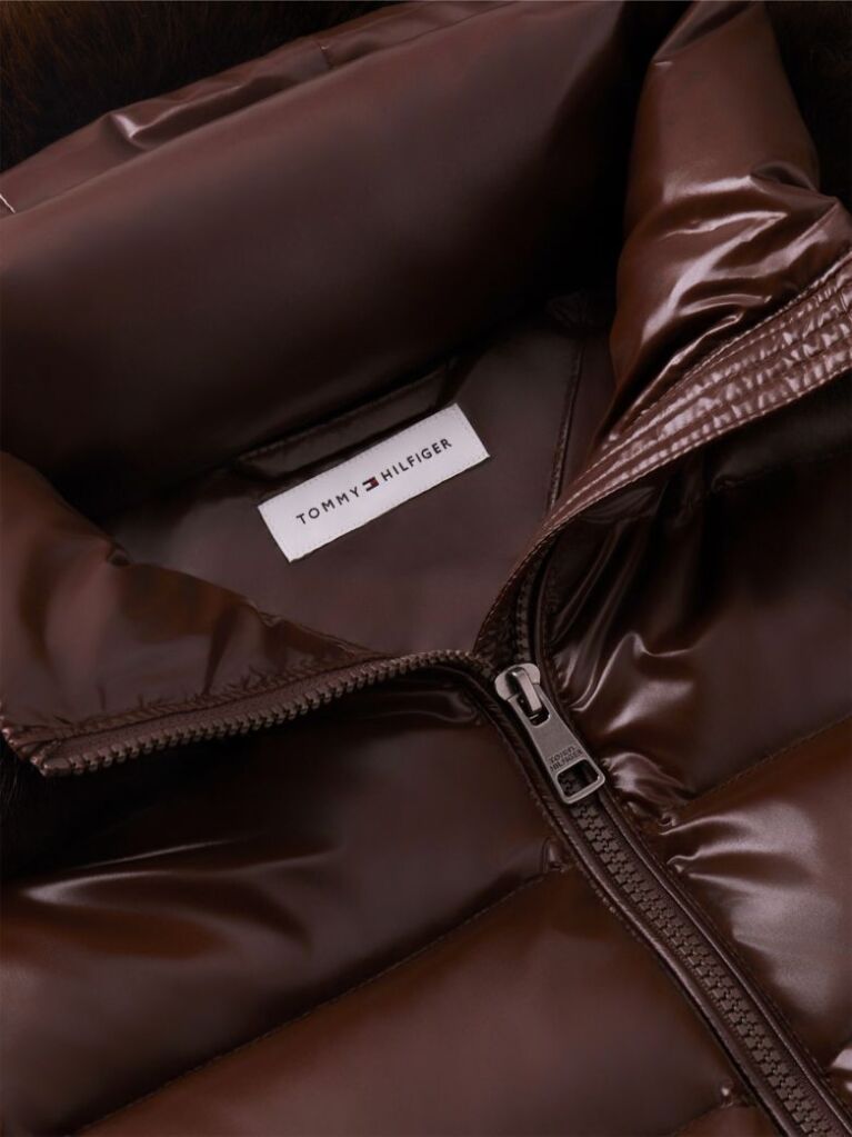 Brown Shiny Down Faux Fur Hooded Fitted Jacket  Women