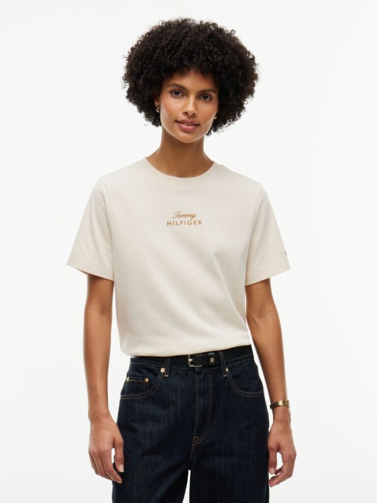 Beige Logo Embroidery Crew Neck T-Shirt  Women