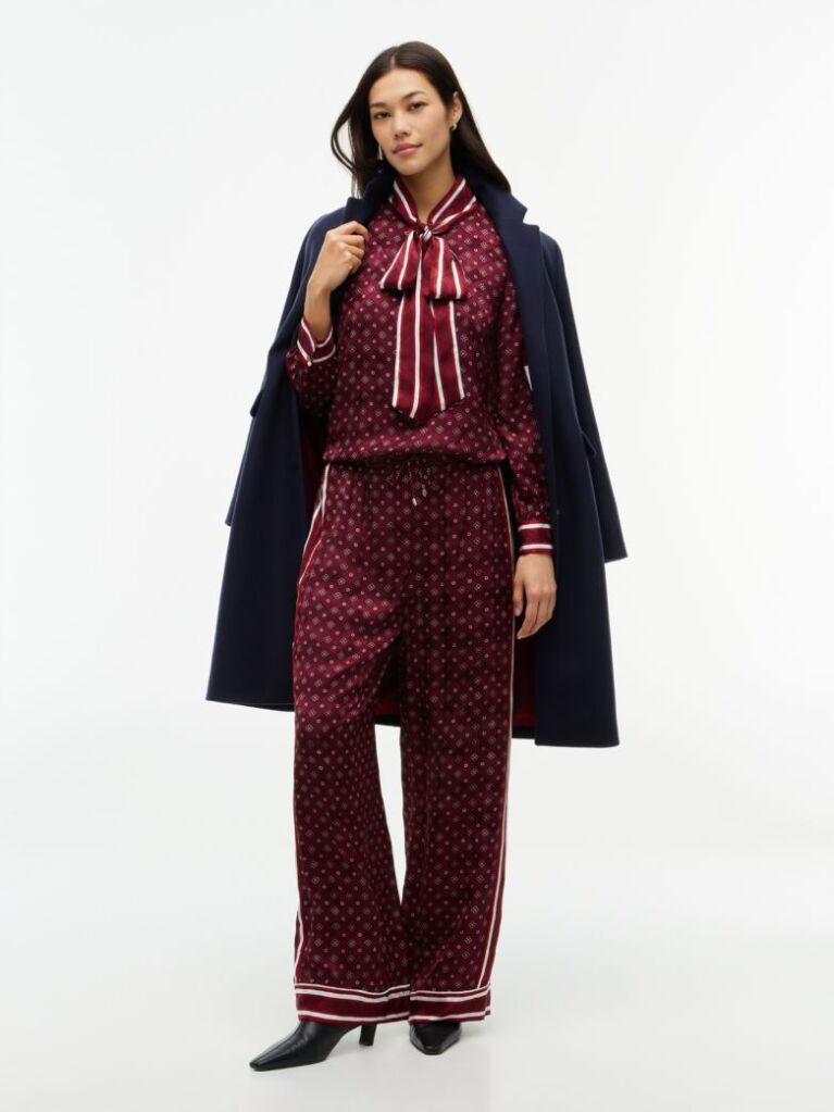 Red Jacquard Scarf Print Relaxed Straight Trousers  Women