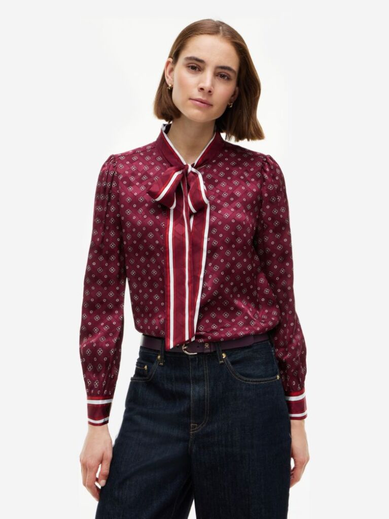 Red Regular Fit Tie Neck Jacquard Shirt  Women