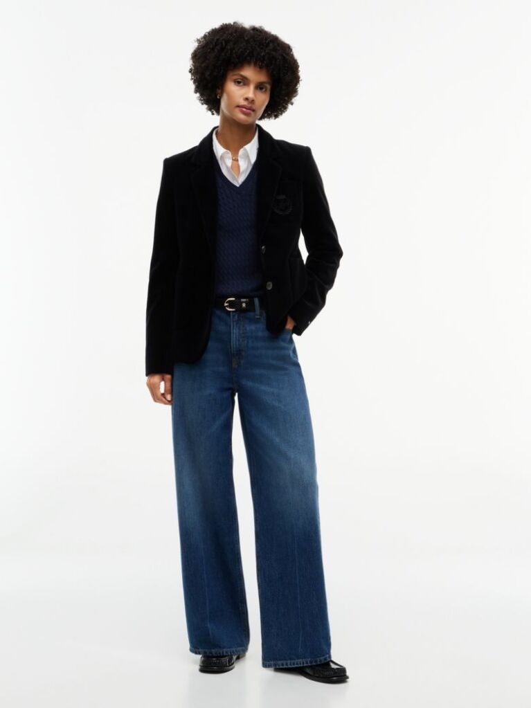 Black Regular Fit Crest Gold-Tone Button Velvet Blazer  Women