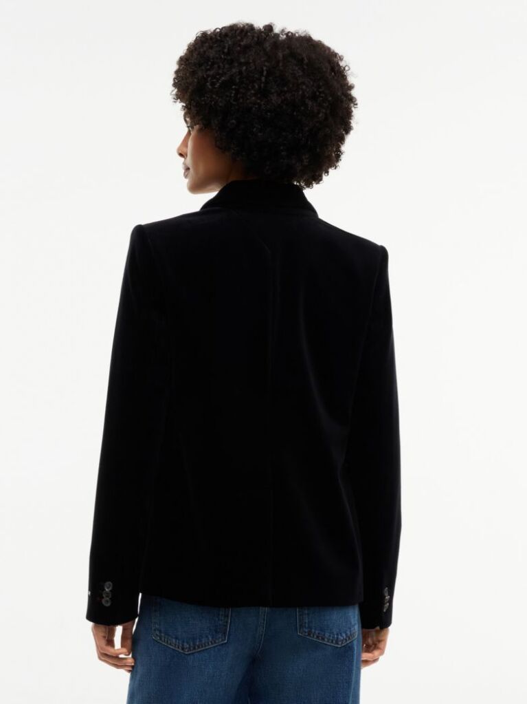 Black Regular Fit Crest Gold-Tone Button Velvet Blazer  Women