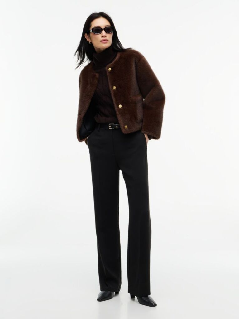 Brown Collarless Faux Fur Jacket  Women