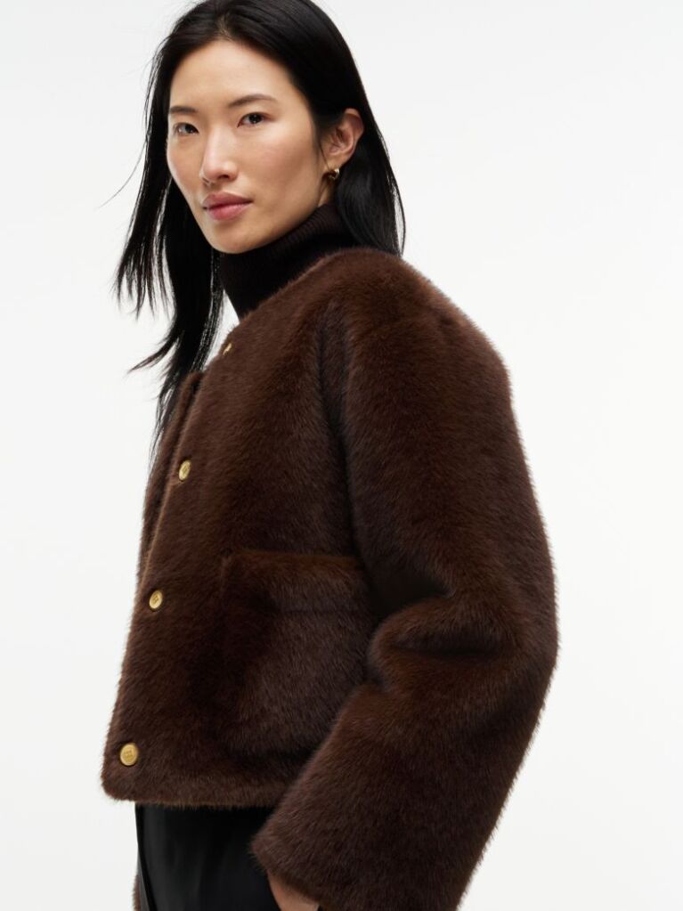 Brown Collarless Faux Fur Jacket  Women